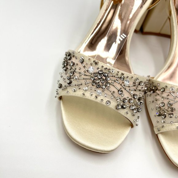 Badgley Mischka Size 8.5 Blaine Ivory Satin Jeweled Dress Sandals Heels Shoes - Picture 4 of 12